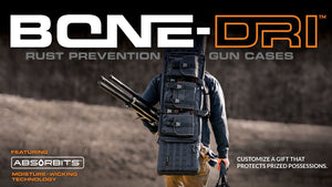BONE-DRI logo with a man carrying a rust prevention dual rifle case